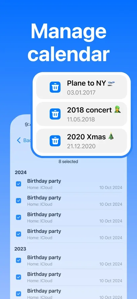 iCleaner calendar cleanup feature showing selected holiday and birthday events for deletion from iPhone calendar storage