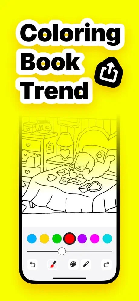 Coloring Book Trend app with coloring page, color palette, and tools for brush, fill bucket, and pencil drawing