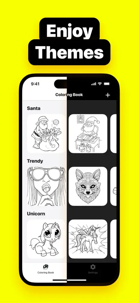 Coloring Book theme gallery displaying Santa, Trendy, and Unicorn categories with preview and coloring options