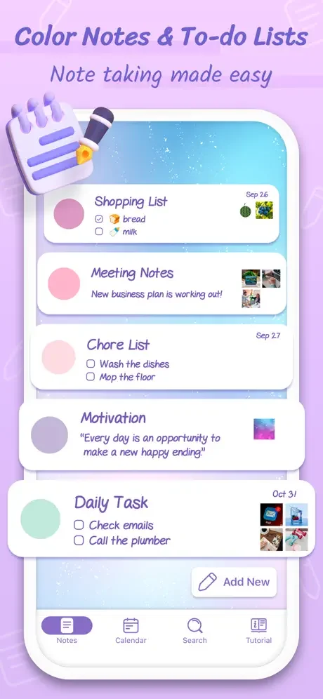 Color-coded note cards displaying shopping lists, meeting notes, chore lists, and daily tasks with calendar and search navigation options