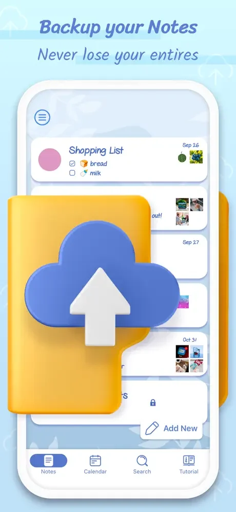 Cloud backup feature interface demonstrating how to securely save and restore all notes and entries to prevent data loss