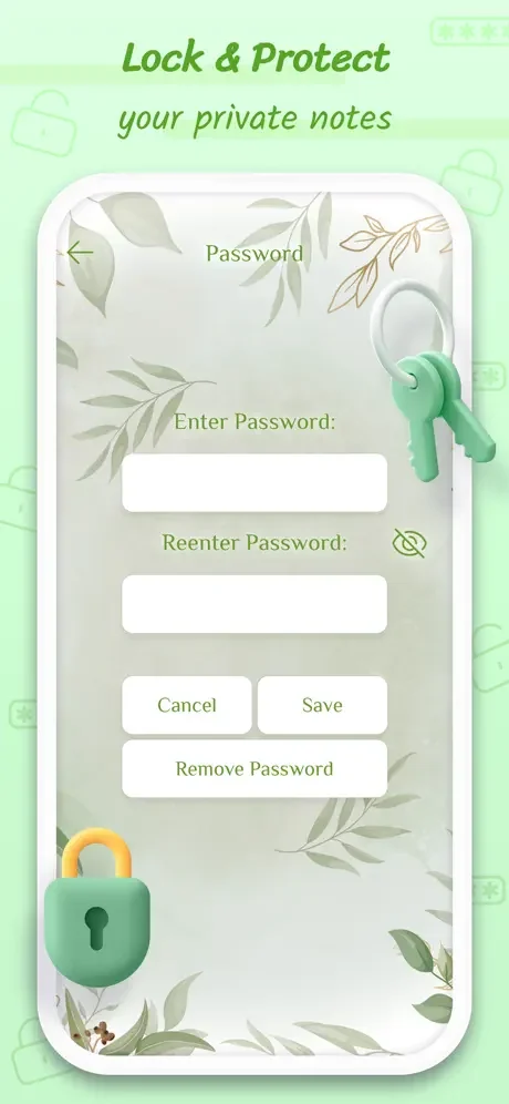 Password protection dialog with enter and reenter password fields for securing and locking private notes with encryption