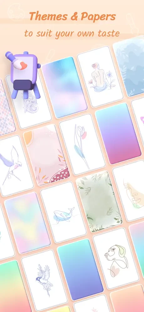 Grid showcase of customizable theme designs and decorative paper backgrounds available for personalizing note appearance