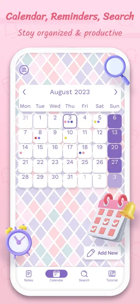 August 2023 calendar view with colored reminder dots indicating events and tasks with scheduling and reminder notification features
