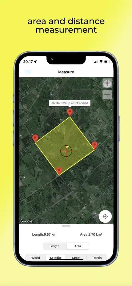 Measure tool displaying polygon with 6.57 km distance and 2.70 km² area on satellite map with coordinate pin markers