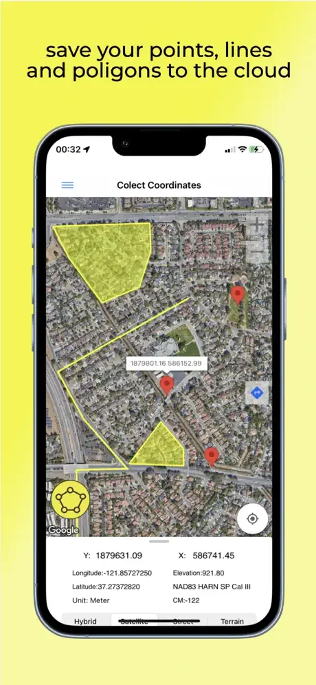 Collect Coordinates showing mapped polygon with Y, X coordinates, latitude, longitude, elevation and NAD83 HARN projection