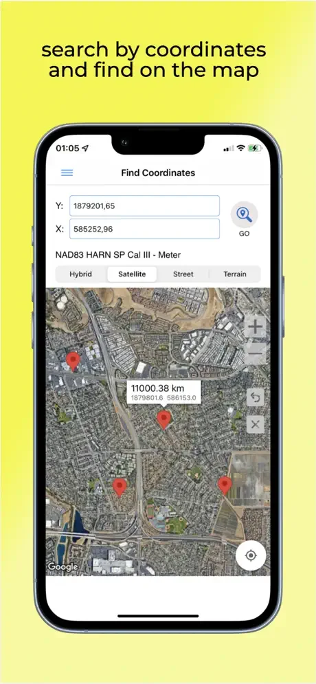 Find Coordinates search with Y and X inputs to locate positions on map with distance measures and coordinate system details
