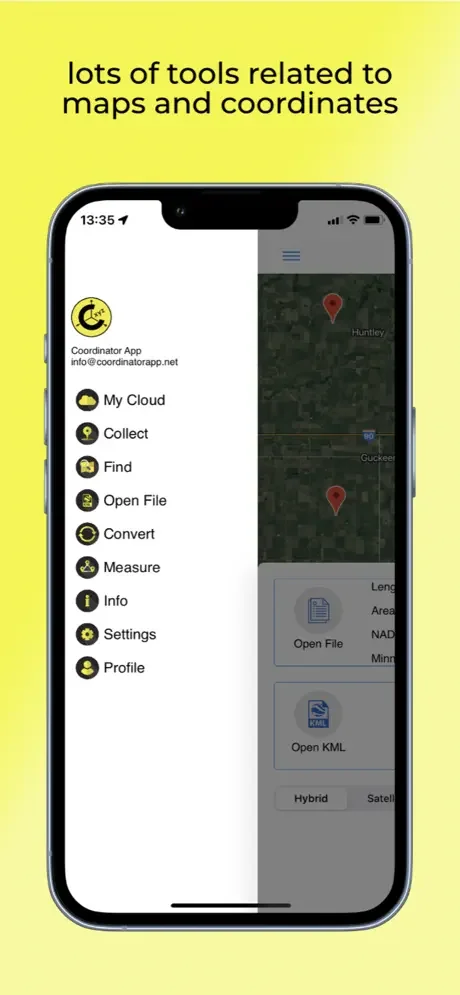 Coordinator app menu with options for My Cloud, Collect, Find, Open File, Convert, Measure, Info, Settings, and Profile tools