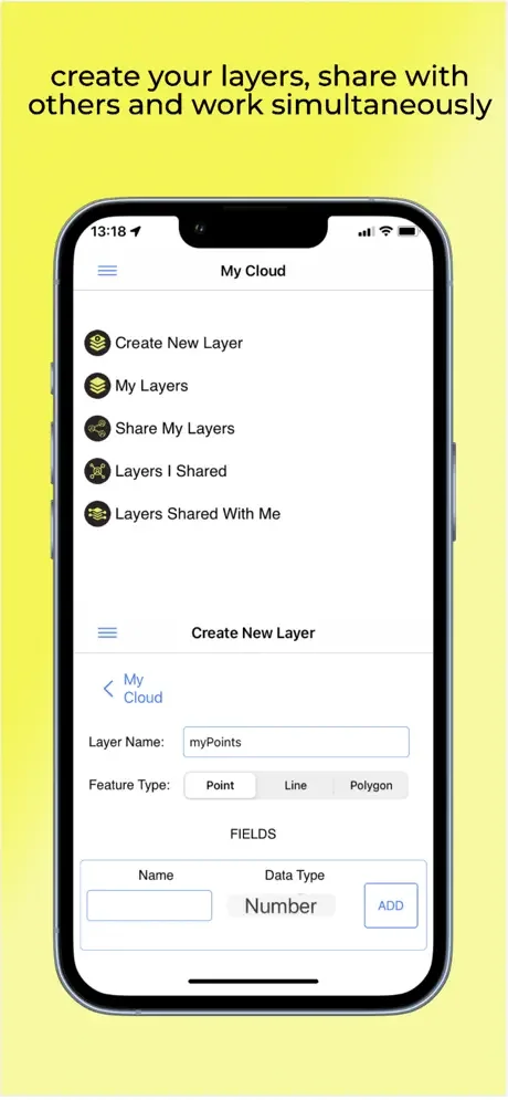 My Cloud layer creation with layer name input myPoints, feature type selection Point/Line/Polygon, and field property definitions