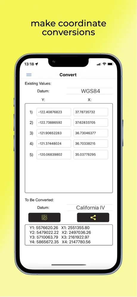 Convert tool transforming WGS84 coordinates to California IV projection showing multiple coordinate pairs and conversion results