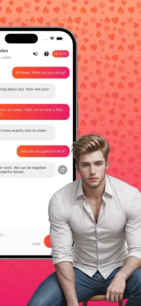 AI boyfriend character in CoupleAI showing conversation with Helen, message exchange, and in-app credits system