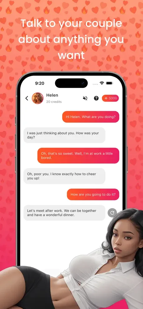 AI couple messaging interface in CoupleAI showing conversation with character Helen and unlimited chat functionality