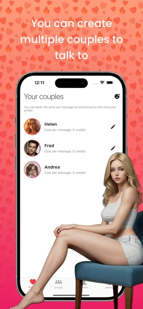 CoupleAI couples list showing multiple AI characters Helen, Fred, Andrea with profiles and per-message credit system
