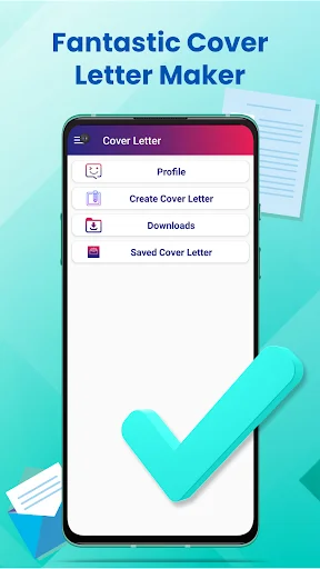 Cover Letter Maker main menu displaying Profile, Create Cover Letter, Downloads, and Saved Cover Letter navigation options