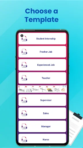 Template selection screen showing cover letter examples for Student Internship, Fresher Job, Experienced Job, and other roles