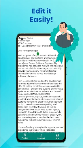 Editable cover letter text editor with customizable content and formatting options for professional job application letters