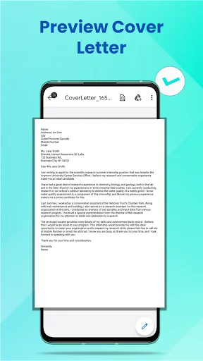Professional cover letter preview displaying formatted document with contact information, greeting, and body content