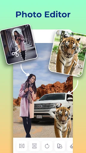 Photo Editor main interface displaying multiple cut and pasted photos combined with bottom editing toolbar