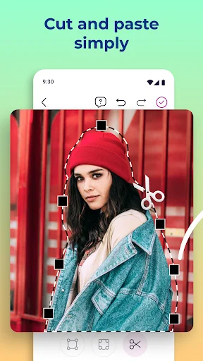 Woman portrait with dotted cut selection outline showing scissors tool for cutting photos in editor