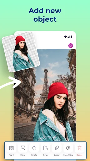 Composite image editor showing cut photo elements being added with flip, rotate, color, and eraser tools