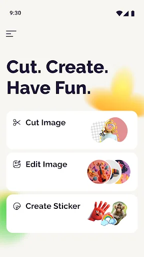 Main menu screen with Cut Image, Edit Image, and Create Sticker photo editing options and features