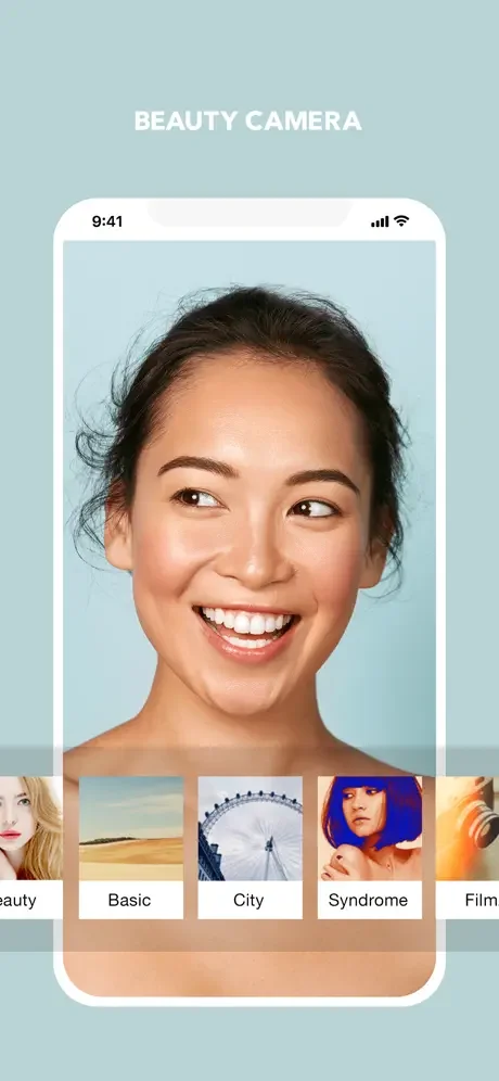 Cymera beauty camera app displaying selfie with adjustable filter categories including Beauty, Basic, City, Syndrome, and Film effects