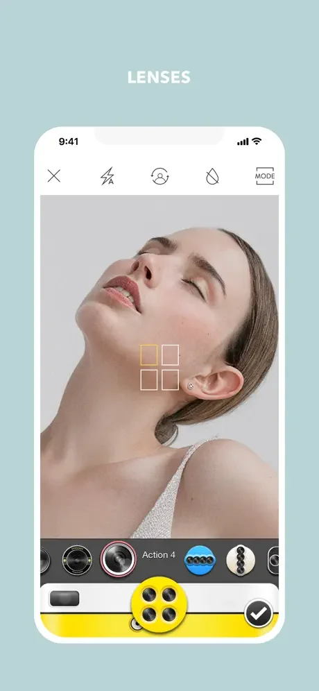 Cymera lens effects interface showing close-up face photo with adjustable beauty lenses and real-time effect customization options