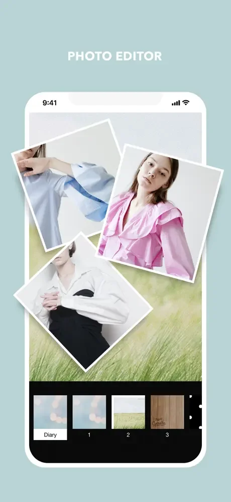 Cymera photo editor showing collage maker with multiple photos arranged on templates with preset designs and layout options
