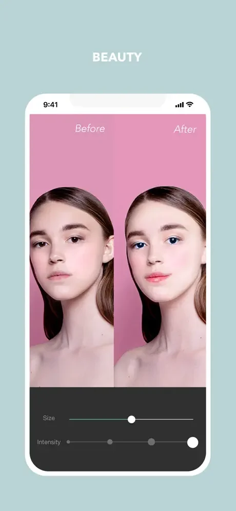 Cymera beauty editor displaying before and after face comparison with adjustable size and intensity sliders for beauty effects