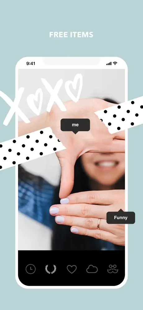 Cymera app free stickers and decorative overlays interface with text labels and fun selfie embellishment options for photos