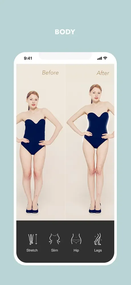 Cymera body editor with before and after comparison showing adjustable body shaping tools for stretch, slim, hip, and legs