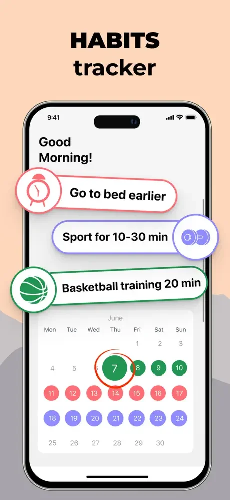 Habits tracker app showing three daily habit cards with icons and a June calendar displaying color-coded completion tracking across dates.