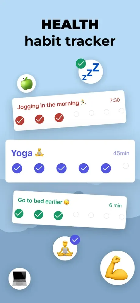 Health habit tracker interface displaying jogging, yoga, and sleep habits with checkmarks indicating completion status for wellness routines.