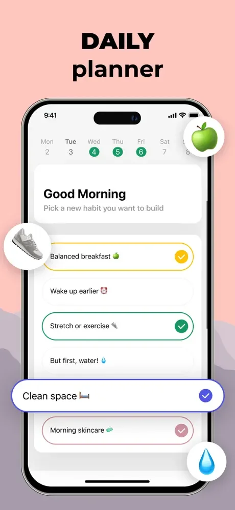 Daily planner interface with morning habit cards including breakfast, exercise, water intake, and skincare with weekly calendar for routine building.