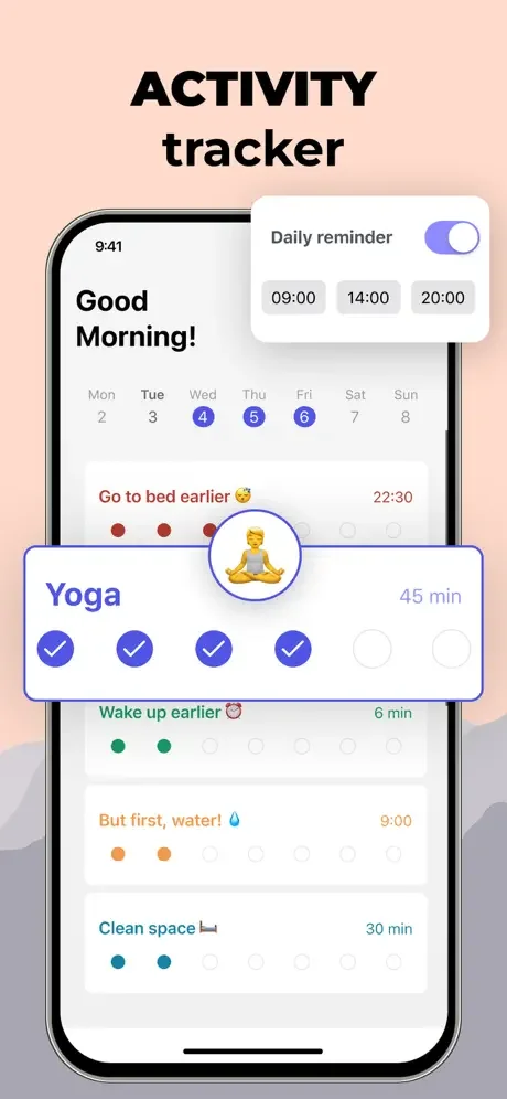 Activity tracker with customizable daily reminders (09:00, 14:00, 20:00) and multiple habit cards showing wellness activities with completion tracking.