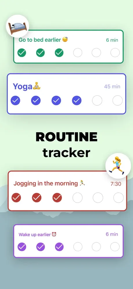 Routine tracker displaying daily habits with colored cards, activity icons, time durations, and completion dots for tracking consistency across days.
