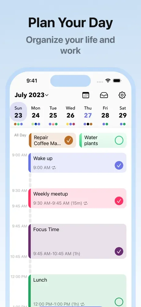 MyDay daily planner showing weekly calendar for July 2023 with color-coded scheduled tasks and time-based events