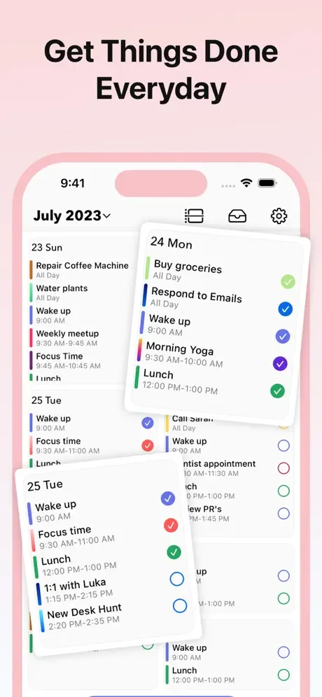 MyDay productivity app with multi-day calendar sidebar and detailed task list with color categories and completion tracking
