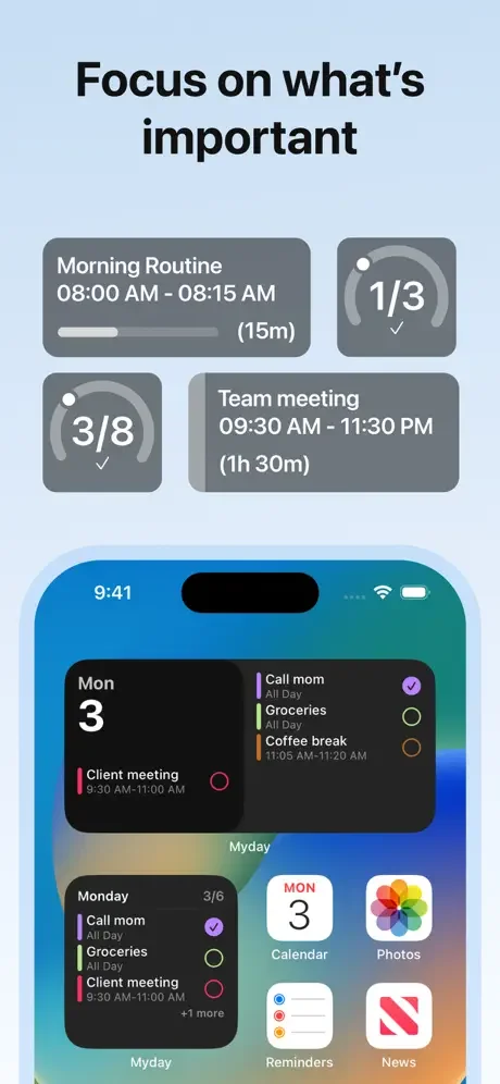 MyDay task progress tracker with circular completion indicators and dark-themed calendar displaying prioritized daily schedule