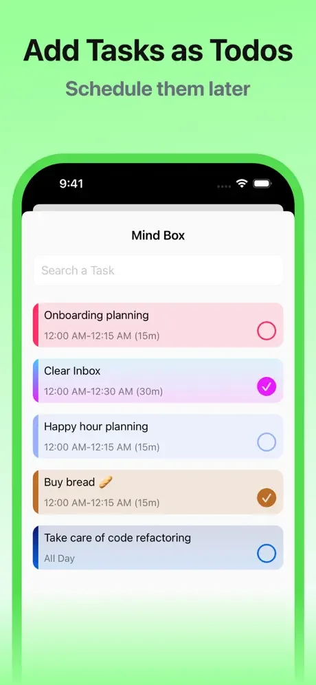 MyDay Mind Box feature for collecting unscheduled tasks and todos to organize into the daily schedule later