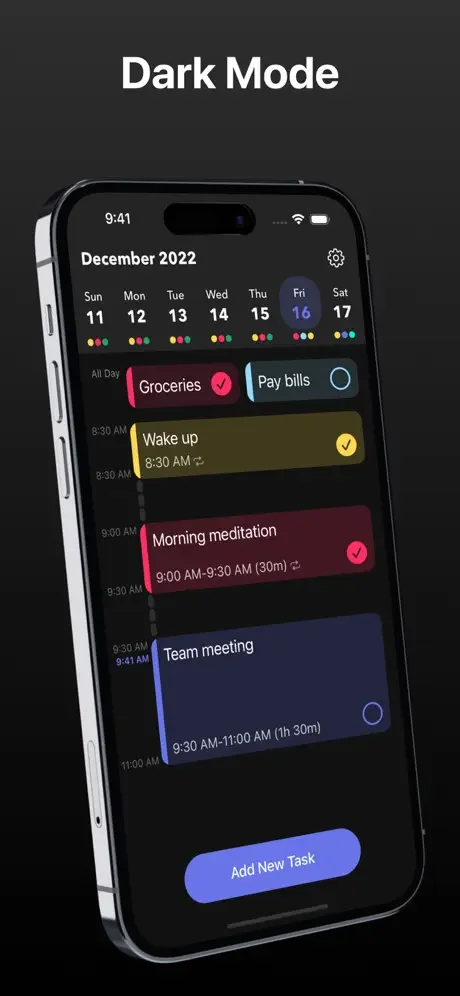 MyDay daily planner in dark mode showing December calendar with color-coded tasks and completion status indicators