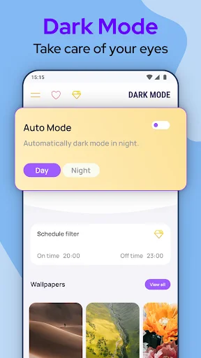 Dark Mode app interface showing Auto Mode toggle, schedule settings for night activation, and wallpaper options