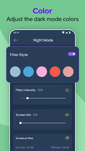 Dark mode color filter styles with adjustable intensity and screen dim sliders for personalization