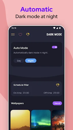Auto Mode scheduler enabling automatic dark mode activation at night with day/night toggle buttons