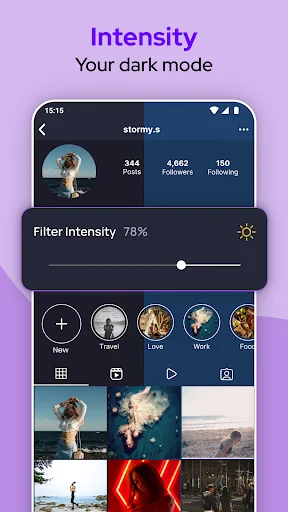 Dark mode intensity filter slider showing 78% adjustment affecting app appearance and visual effects