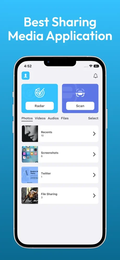 Data Transfer app home dashboard with Radar scan, file tabs and recent items list for sharing photos, videos and documents
