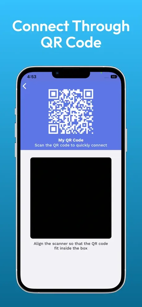 QR code pairing screen in Data Transfer app showing scannable code for quick device connection and wireless media sharing