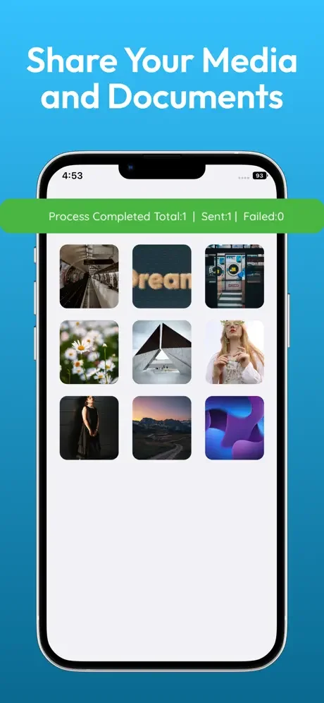 Media file sharing gallery in Data Transfer app showing transfer status with photos, videos and documents collection