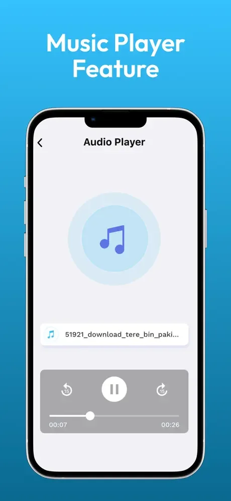 Audio music player in Data Transfer app with playback controls, pause, play buttons and progress tracking for file sharing