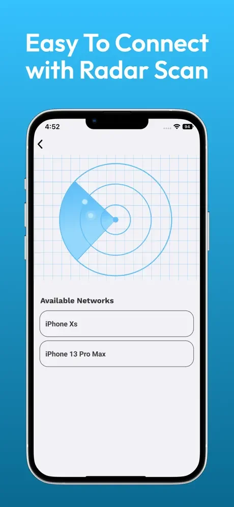 Radar network scanner in Data Transfer app displaying nearby iPhone devices available for wireless connection and sharing